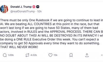 特朗普预告：本周将签行政令 为AI制定统一国家规则